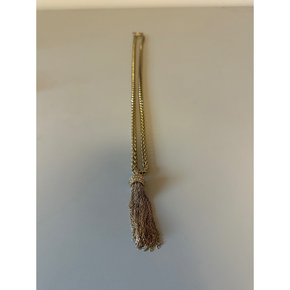 Gold Tone Wheat Chain Tassel Necklace with Pavé Crystal Accents and Toggle Clasp
